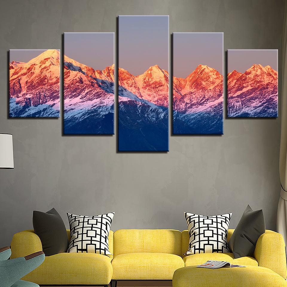 Sunset Snow Mountains Landscape 5 Piece HD Multi Panel Canvas Wall Art Frame-Original Frame