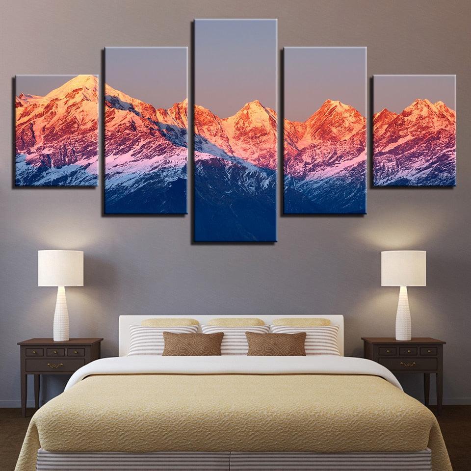 Sunset Snow Mountains Landscape 5 Piece HD Multi Panel Canvas Wall Art Frame-Original Frame