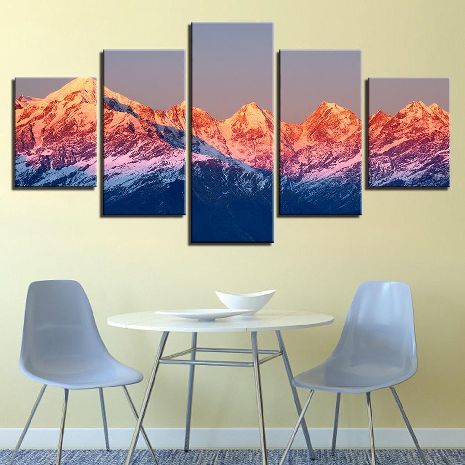 Sunset Snow Mountains Landscape 5 Piece HD Multi Panel Canvas Wall Art Frame-Original Frame