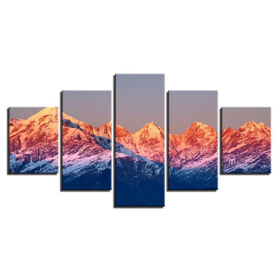 Sunset Snow Mountains Landscape 5 Piece HD Multi Panel Canvas Wall Art Frame-Original Frame