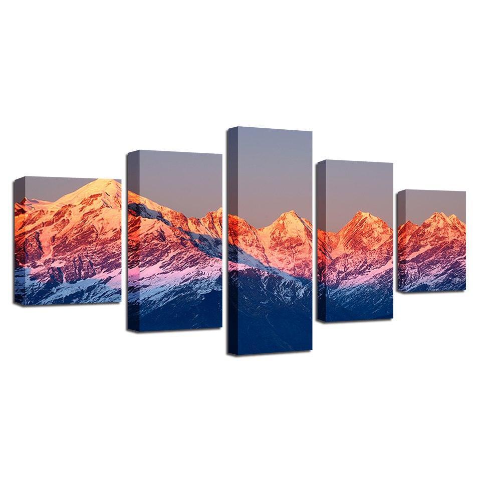 Sunset Snow Mountains Landscape 5 Piece HD Multi Panel Canvas Wall Art Frame-Original Frame