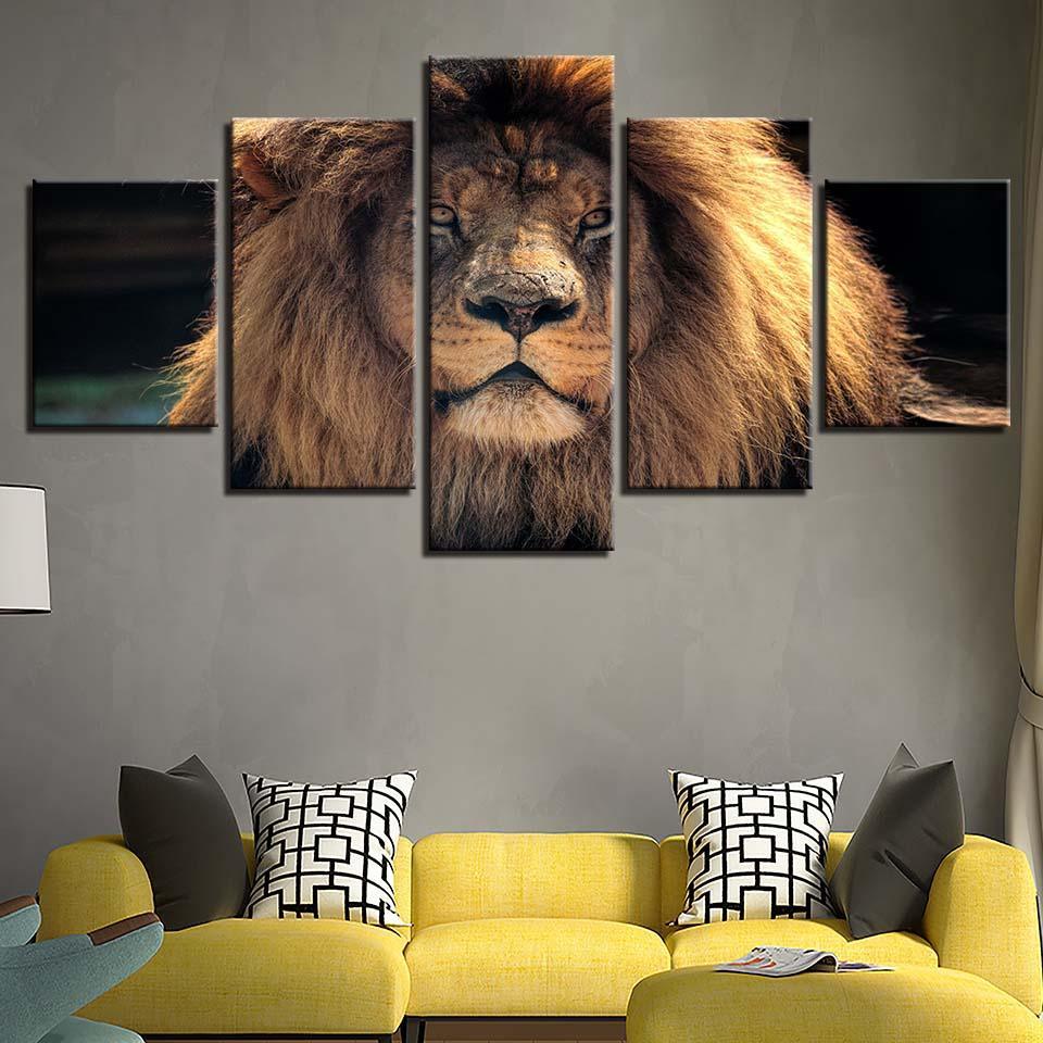 Animal Lion 5 Piece HD Multi Panel Canvas Wall Art Frame-Original Frame