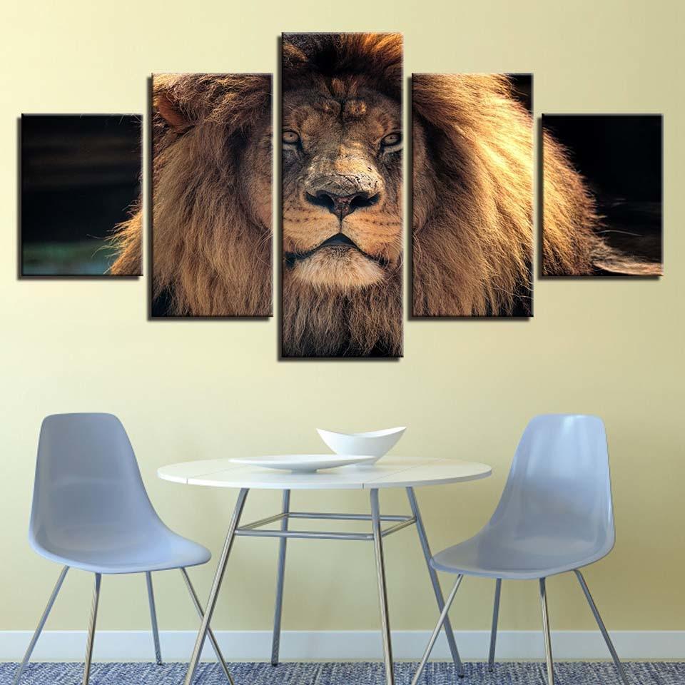 Animal Lion 5 Piece HD Multi Panel Canvas Wall Art Frame-Original Frame