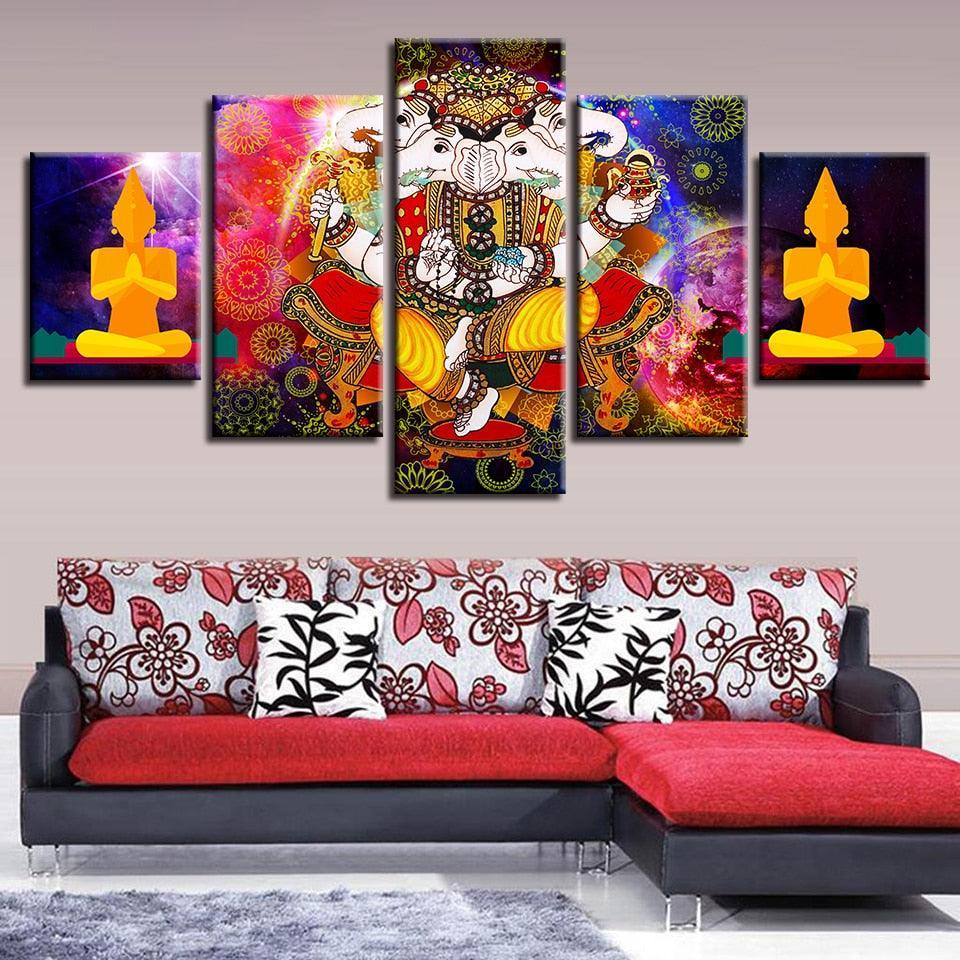 Lord Ganesha Art 5 Piece HD Multi Panel Canvas Wall Art Frame-Original Frame