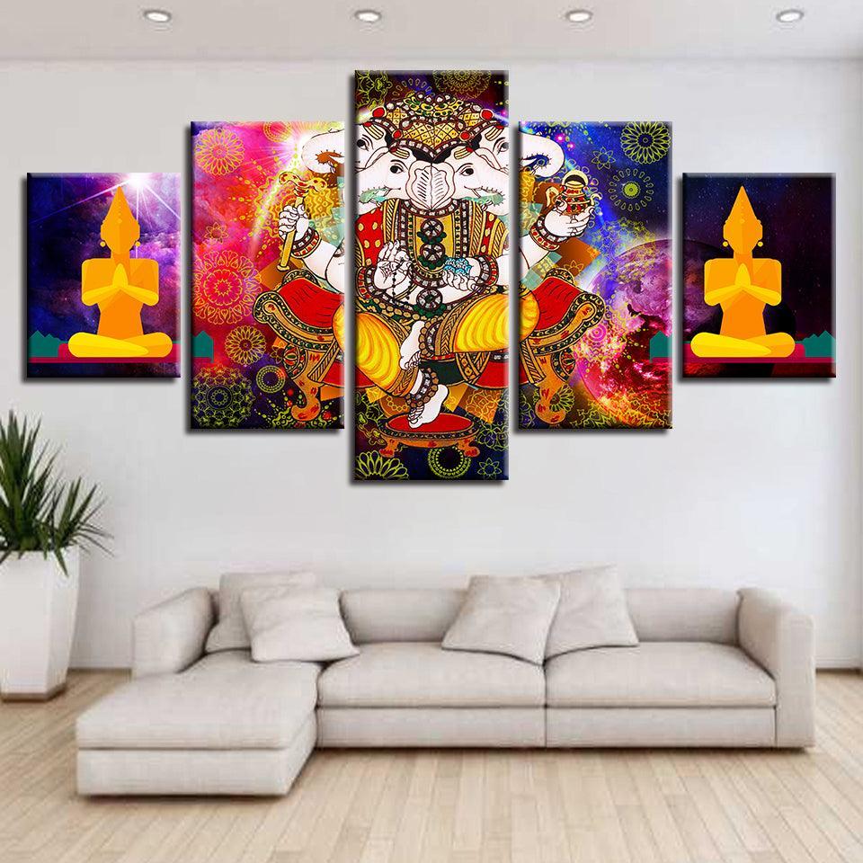 Lord Ganesha Art 5 Piece HD Multi Panel Canvas Wall Art Frame-Original Frame
