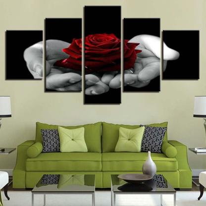 Hand Held Red Rose 5 Piece HD Multi Panel Canvas Wall Art Frame-Original Frame