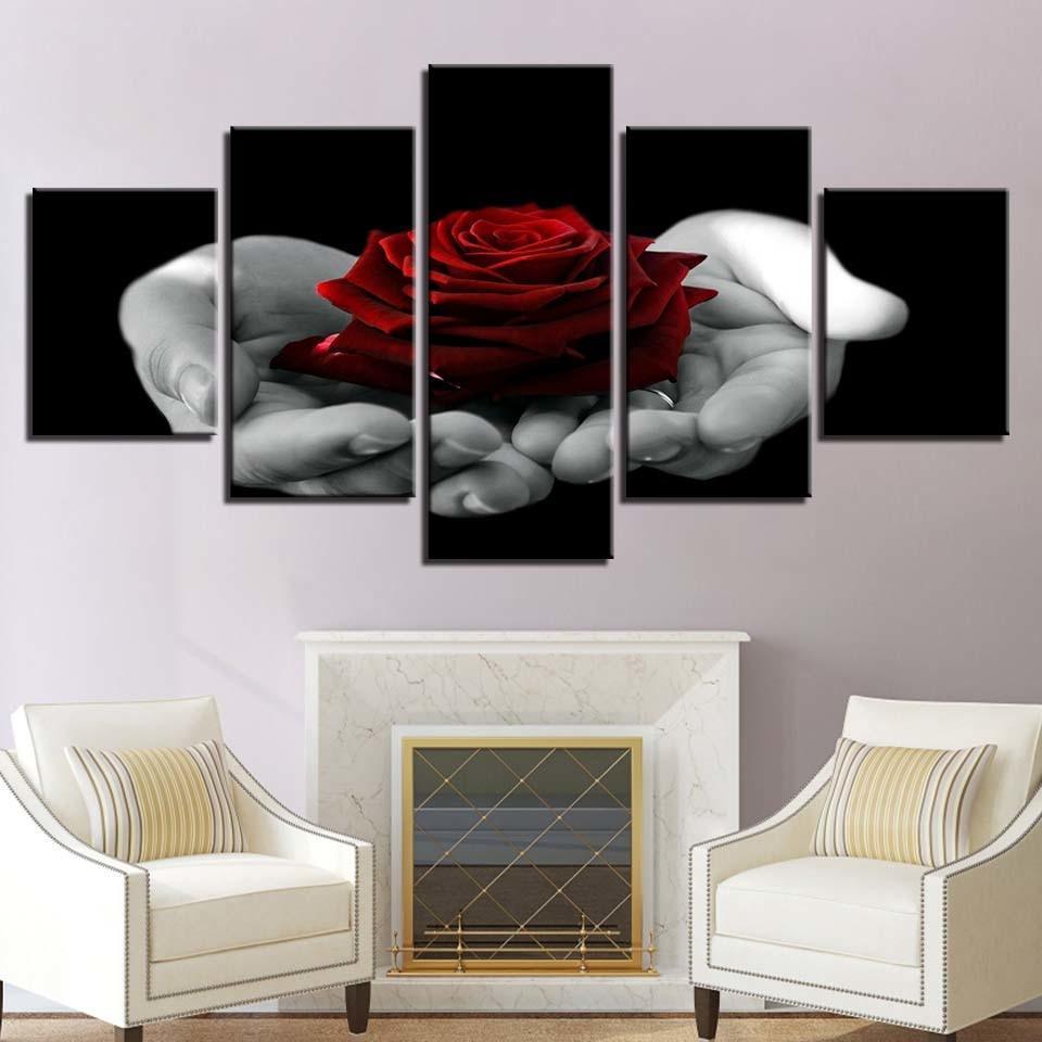 Hand Held Red Rose 5 Piece HD Multi Panel Canvas Wall Art Frame-Original Frame