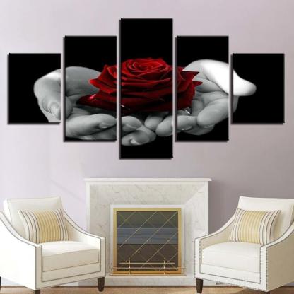 Hand Held Red Rose 5 Piece HD Multi Panel Canvas Wall Art Frame-Original Frame