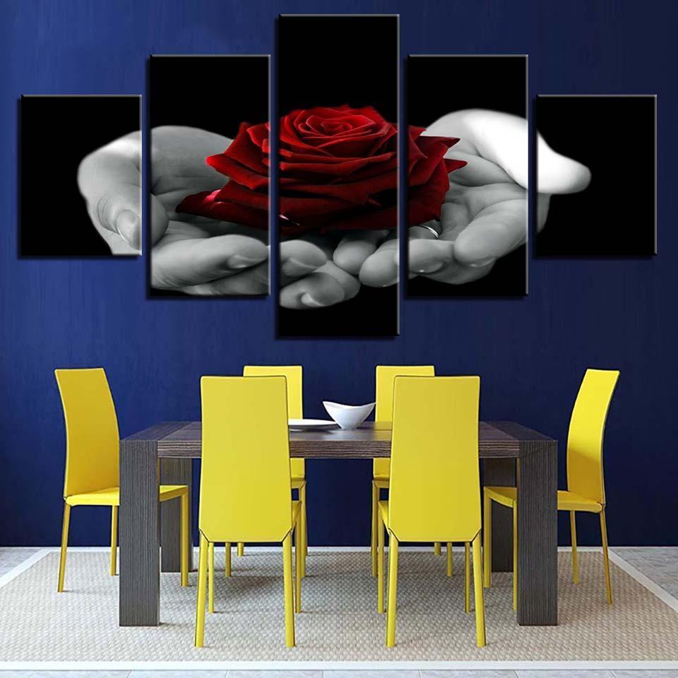 Hand Held Red Rose 5 Piece HD Multi Panel Canvas Wall Art Frame-Original Frame