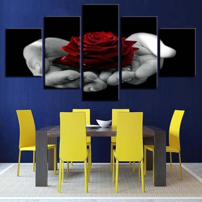 Hand Held Red Rose 5 Piece HD Multi Panel Canvas Wall Art Frame-Original Frame