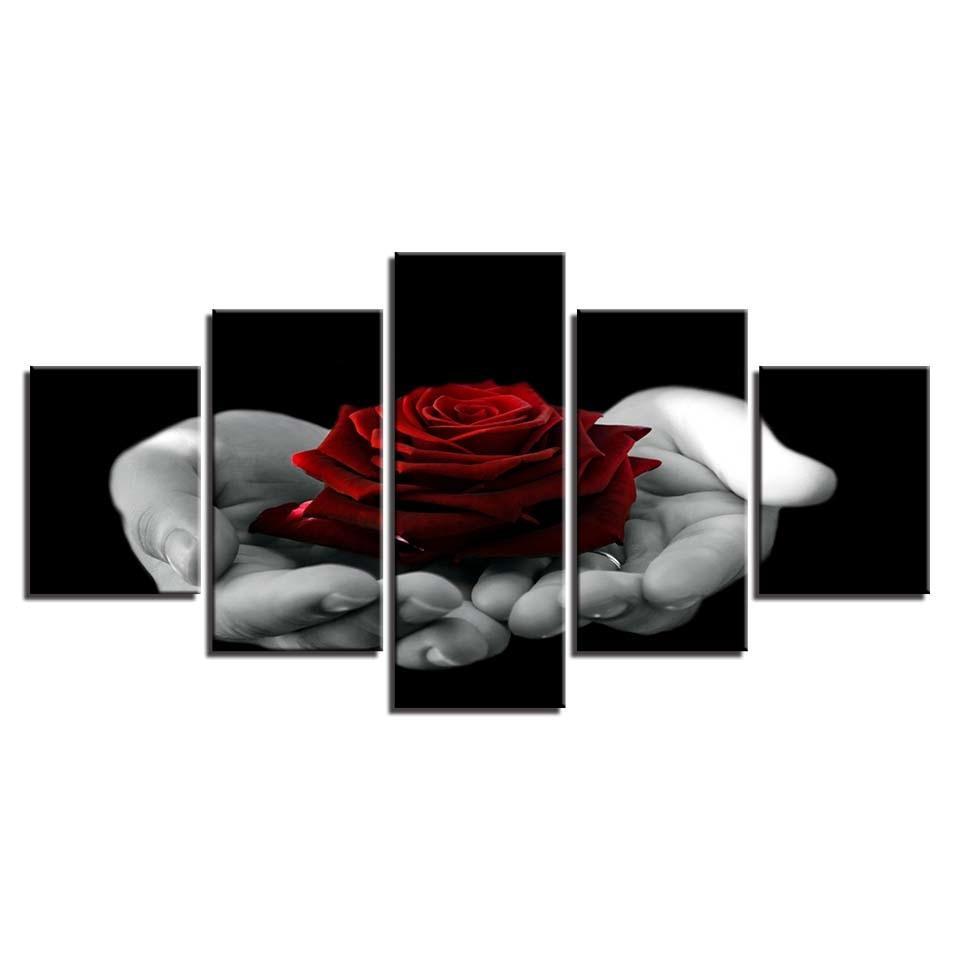 Hand Held Red Rose 5 Piece HD Multi Panel Canvas Wall Art Frame-Original Frame