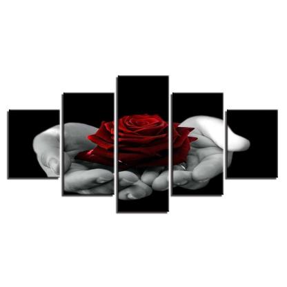 Hand Held Red Rose 5 Piece HD Multi Panel Canvas Wall Art Frame-Original Frame