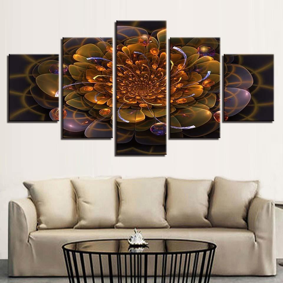 Golden Flower Abstract 5 Piece HD Multi Panel Canvas Wall Art Frame-Original Frame