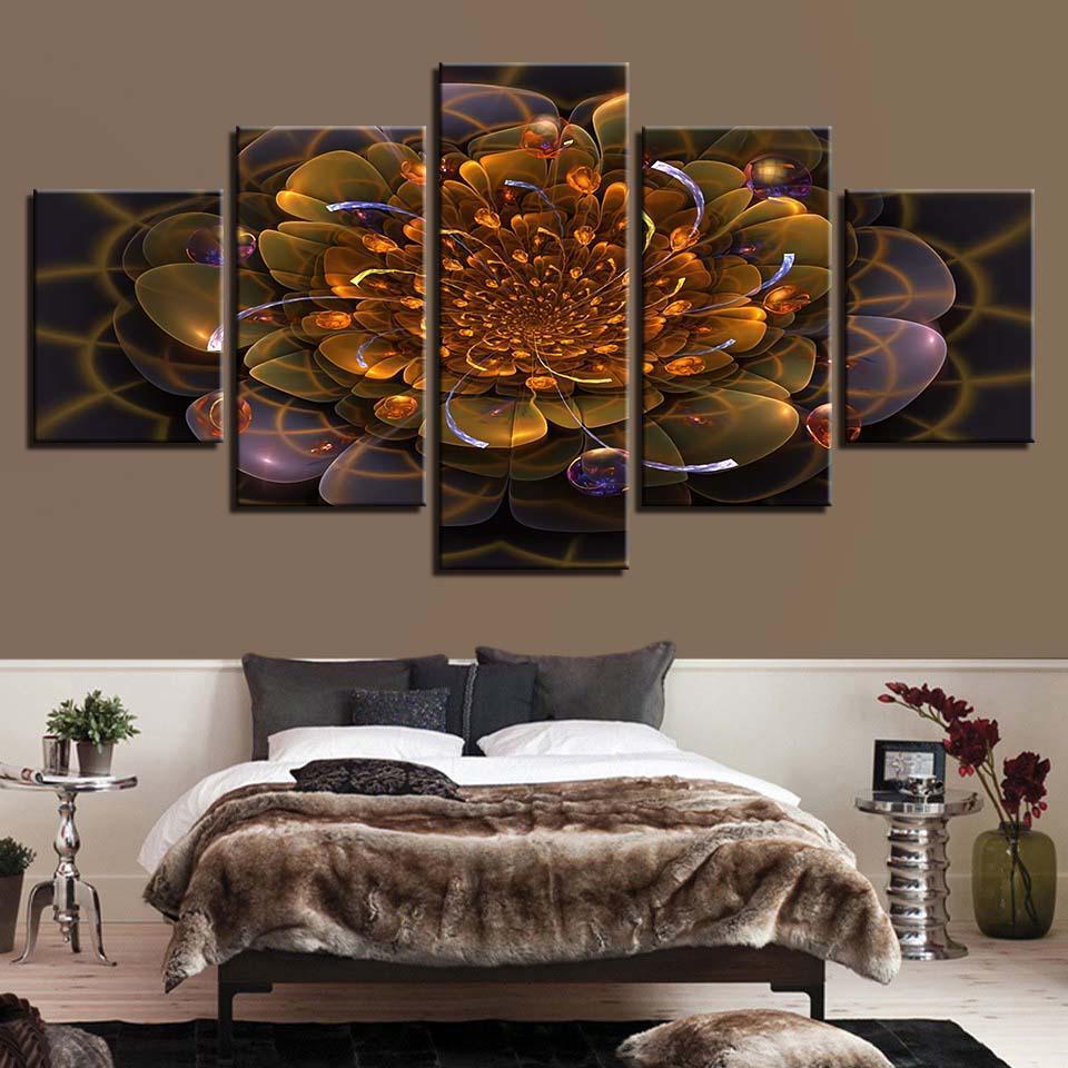 Golden Flower Abstract 5 Piece HD Multi Panel Canvas Wall Art Frame-Original Frame