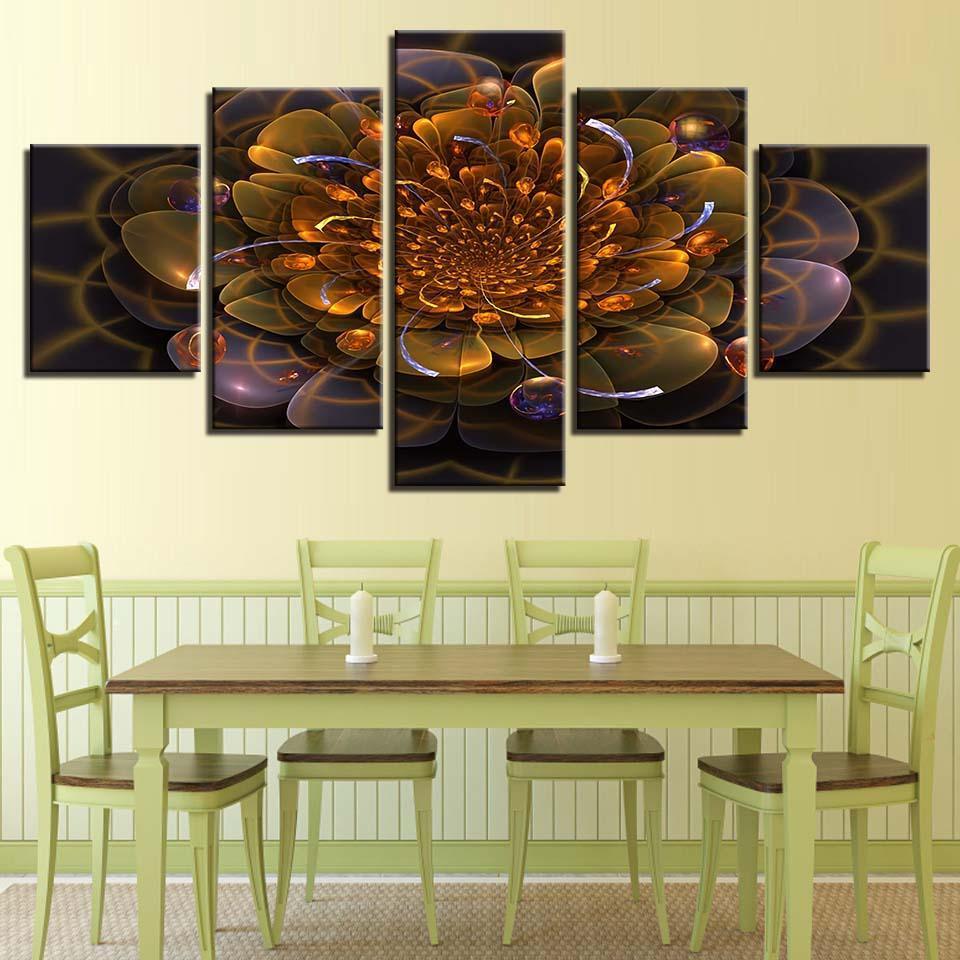 Golden Flower Abstract 5 Piece HD Multi Panel Canvas Wall Art Frame-Original Frame