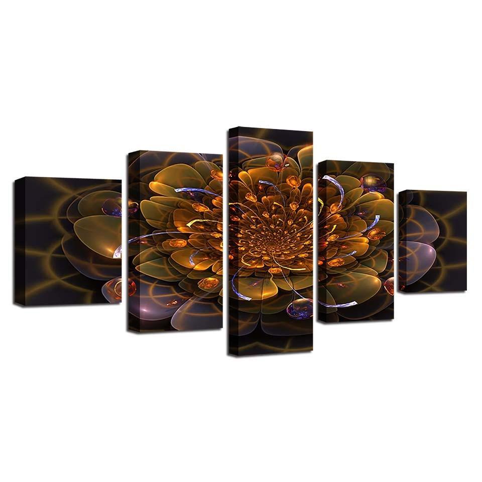 Golden Flower Abstract 5 Piece HD Multi Panel Canvas Wall Art Frame-Original Frame