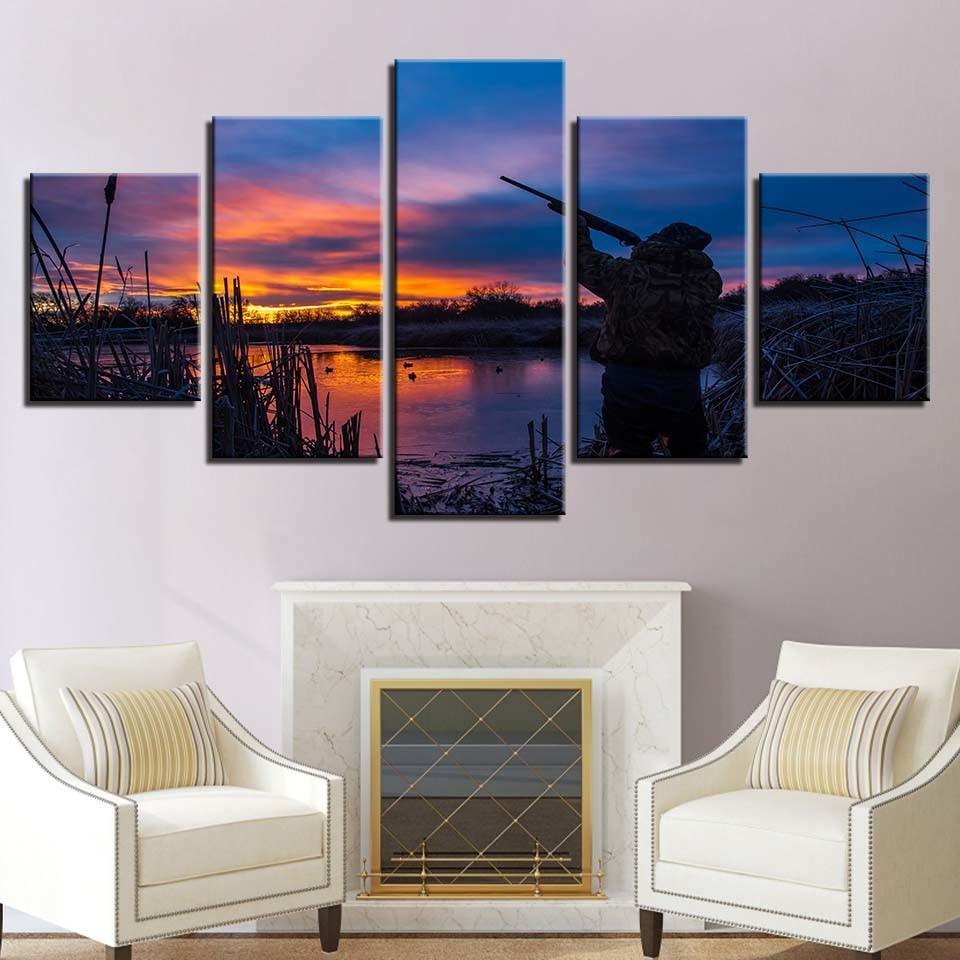 Lakeside Sunset 5 Piece HD Multi Panel Canvas Wall Art Frame-Original Frame