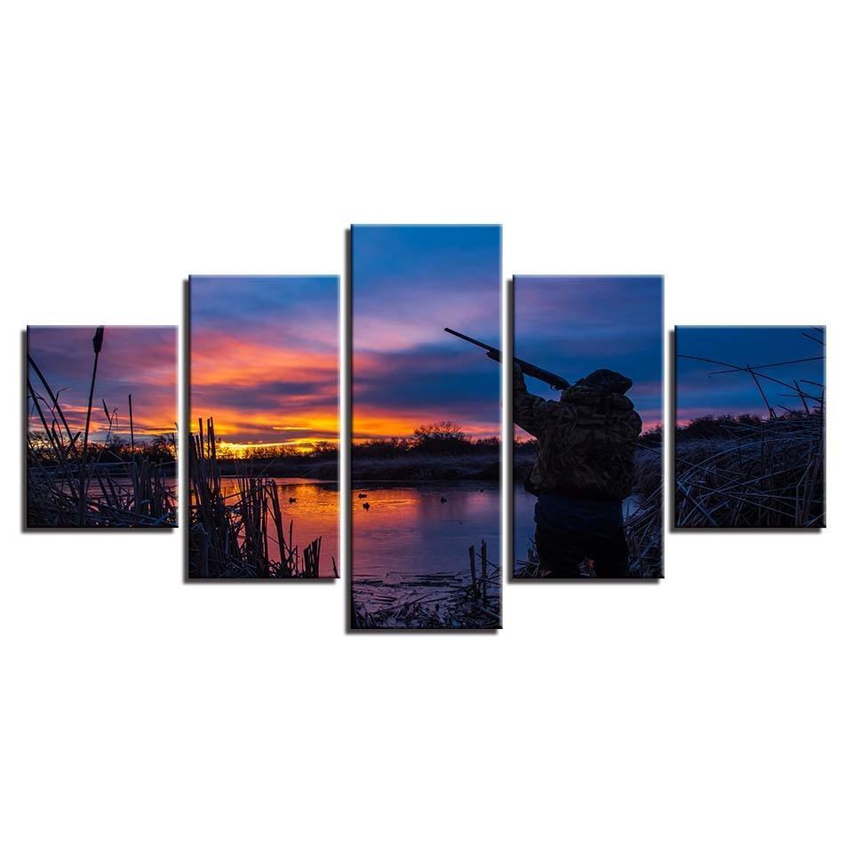 Lakeside Sunset 5 Piece HD Multi Panel Canvas Wall Art Frame-Original Frame