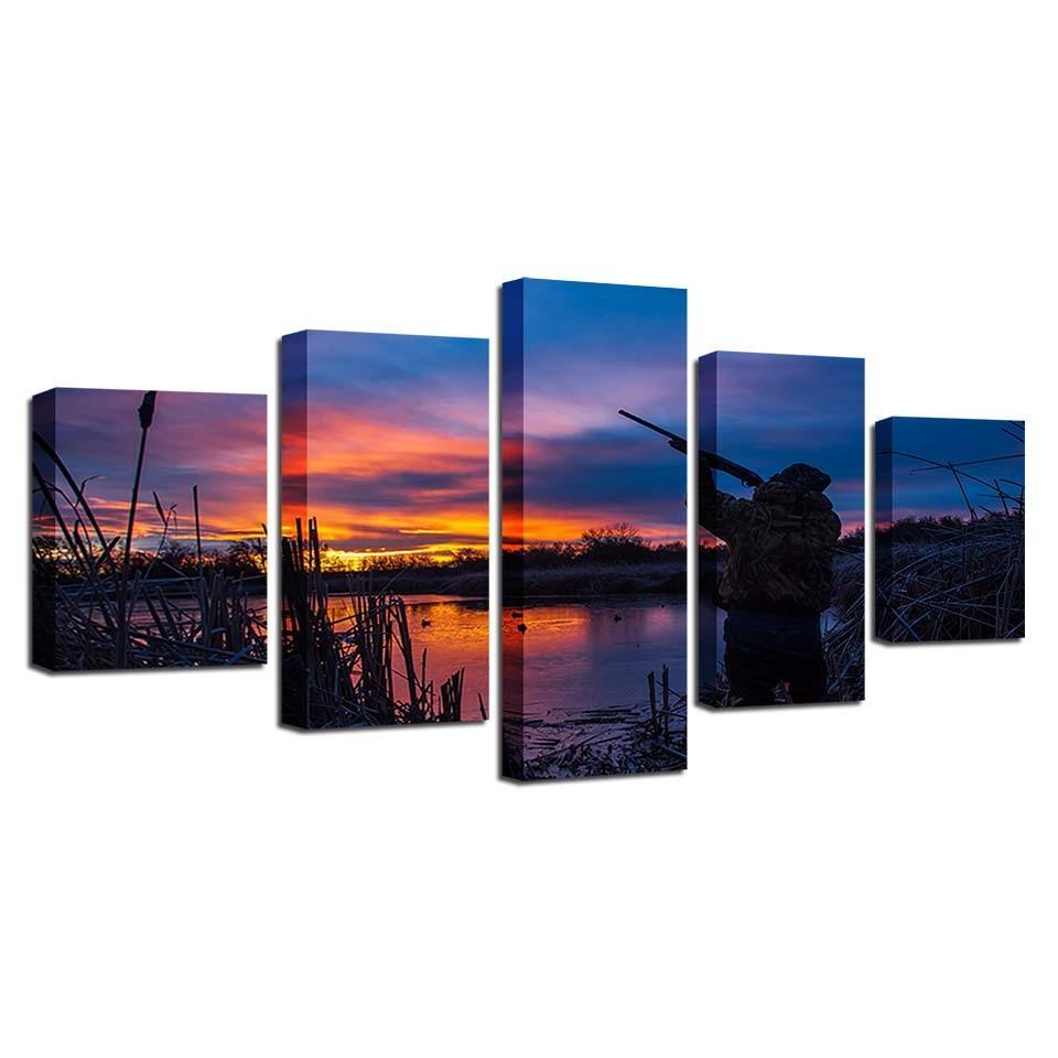 Lakeside Sunset 5 Piece HD Multi Panel Canvas Wall Art Frame-Original Frame