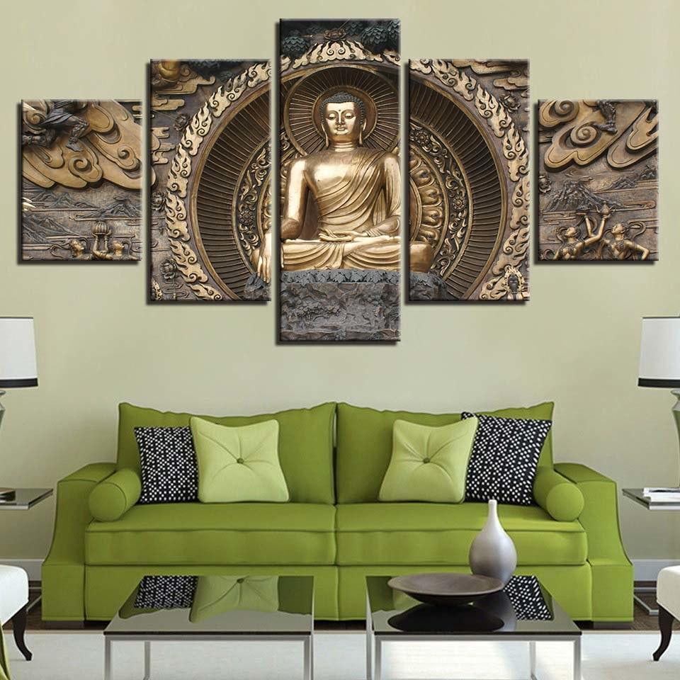 Gold Buddha 5 Piece HD Multi Panel Canvas Wall Art Frame-Original Frame