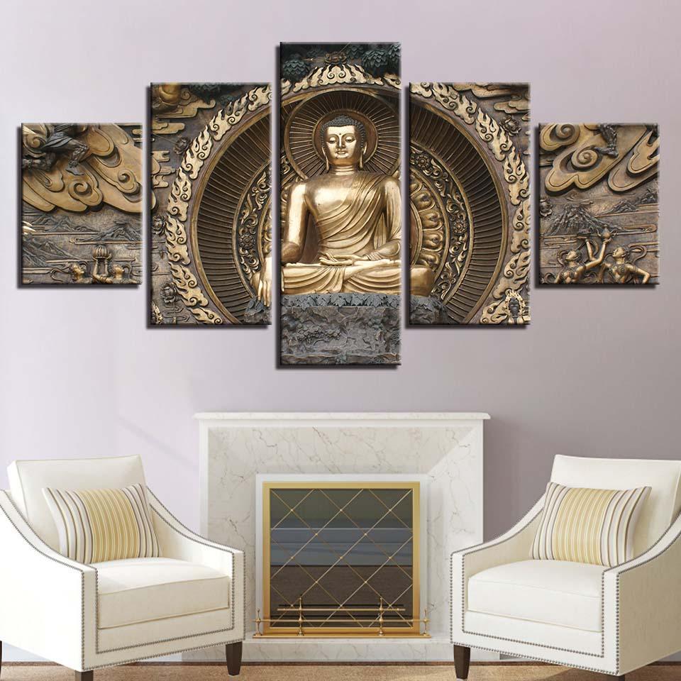 Gold Buddha 5 Piece HD Multi Panel Canvas Wall Art Frame-Original Frame