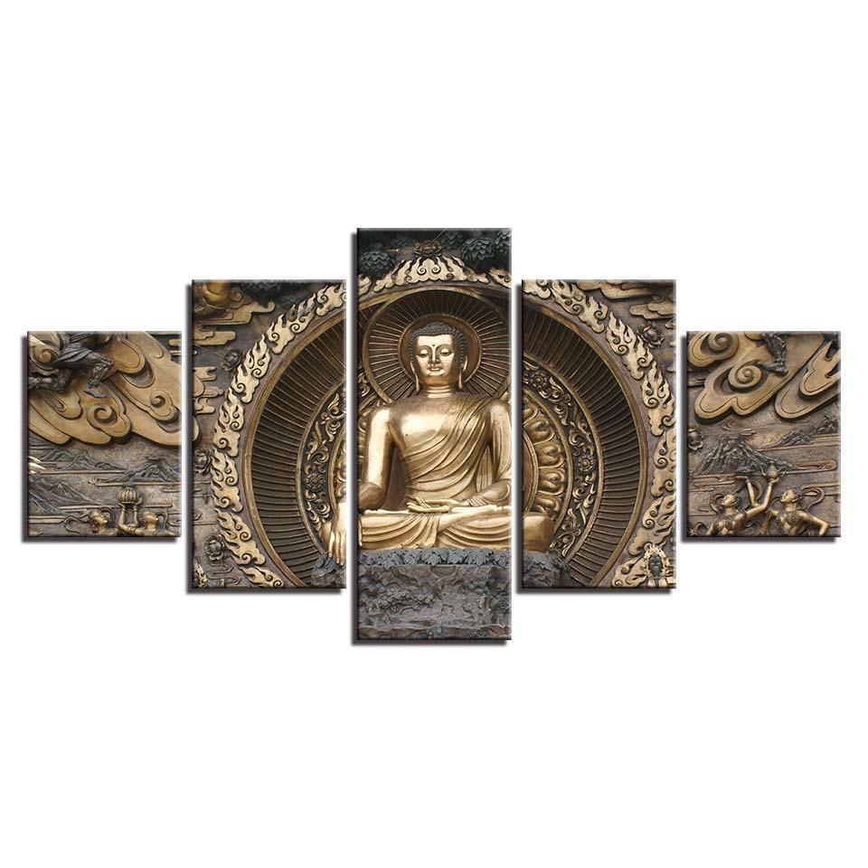 Gold Buddha 5 Piece HD Multi Panel Canvas Wall Art Frame-Original Frame