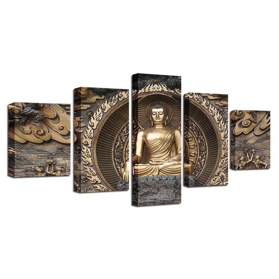 Gold Buddha 5 Piece HD Multi Panel Canvas Wall Art Frame-Original Frame