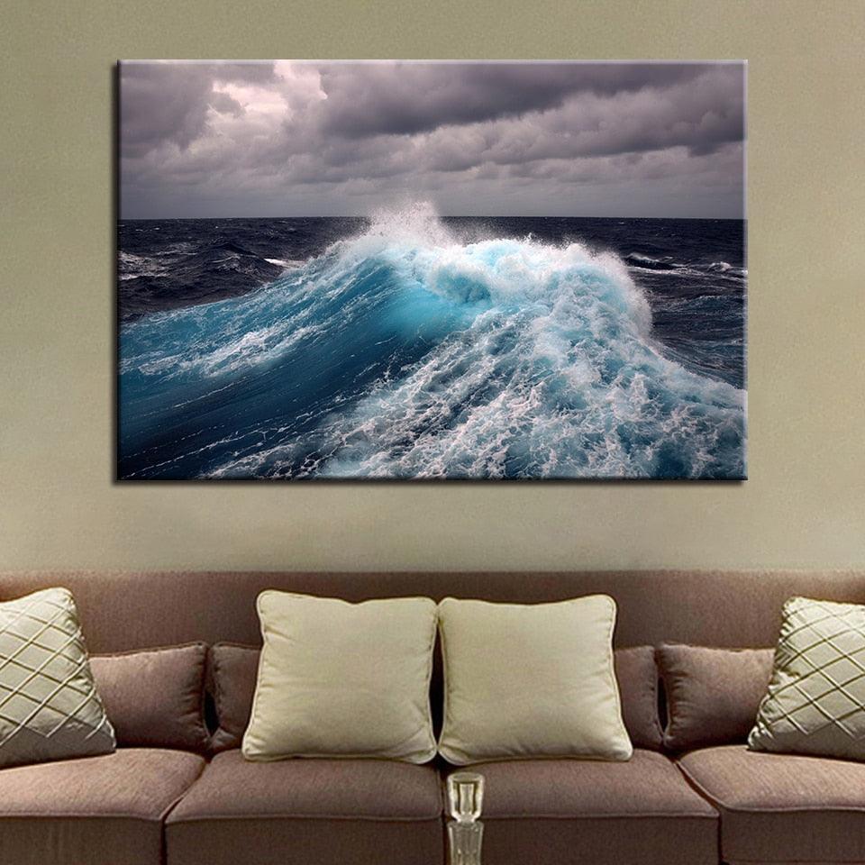 Wall Art Pictures 1 Piece Storm Sea Waves Paintings For Living Room Seascape Posters Framework-Original Frame