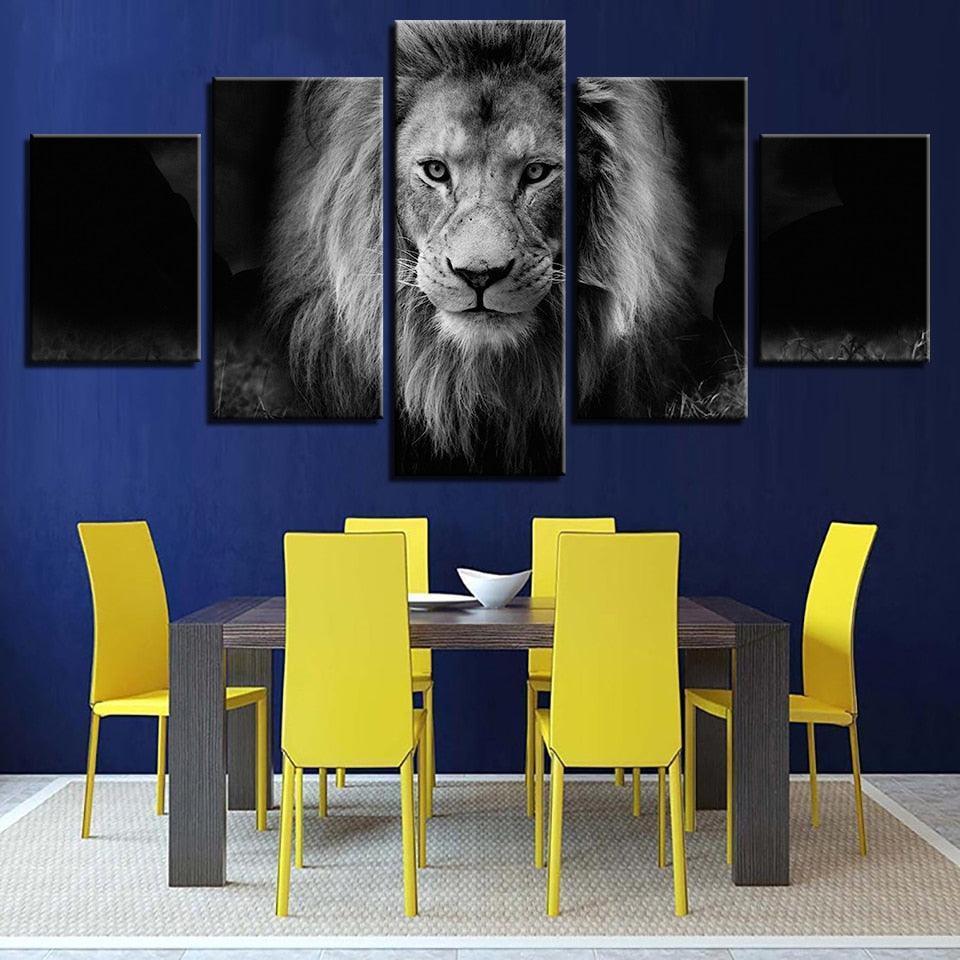 Lion Black And White 5 Piece HD Multi Panel Canvas Wall Art Frame-Original Frame
