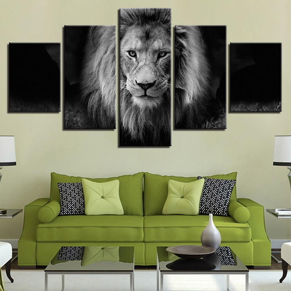 Lion Black And White 5 Piece HD Multi Panel Canvas Wall Art Frame-Original Frame