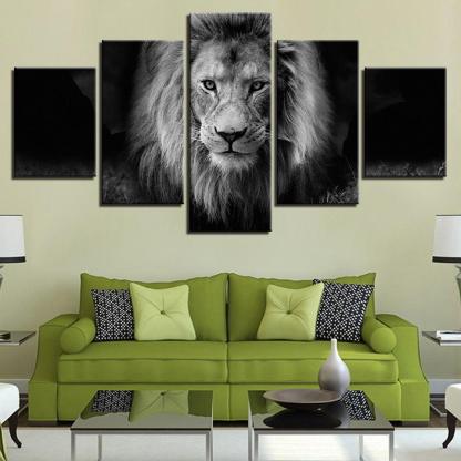 Lion Black And White 5 Piece HD Multi Panel Canvas Wall Art Frame-Original Frame