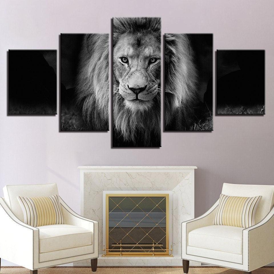 Lion Black And White 5 Piece HD Multi Panel Canvas Wall Art Frame-Original Frame