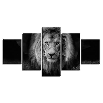 Lion Black And White 5 Piece HD Multi Panel Canvas Wall Art Frame-Original Frame
