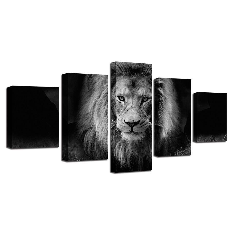 Lion Black And White 5 Piece HD Multi Panel Canvas Wall Art Frame-Original Frame