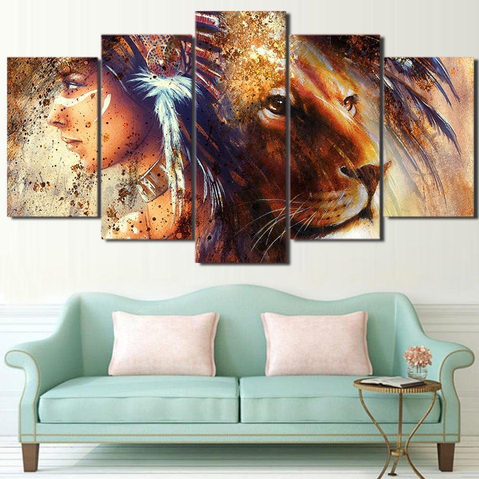 Indian Girl And Lion 5 Piece HD Multi Panel Canvas Wall Art Frame-Original Frame
