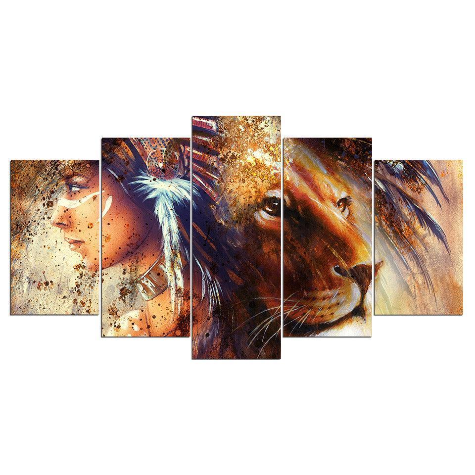 Indian Girl And Lion 5 Piece HD Multi Panel Canvas Wall Art Frame-Original Frame