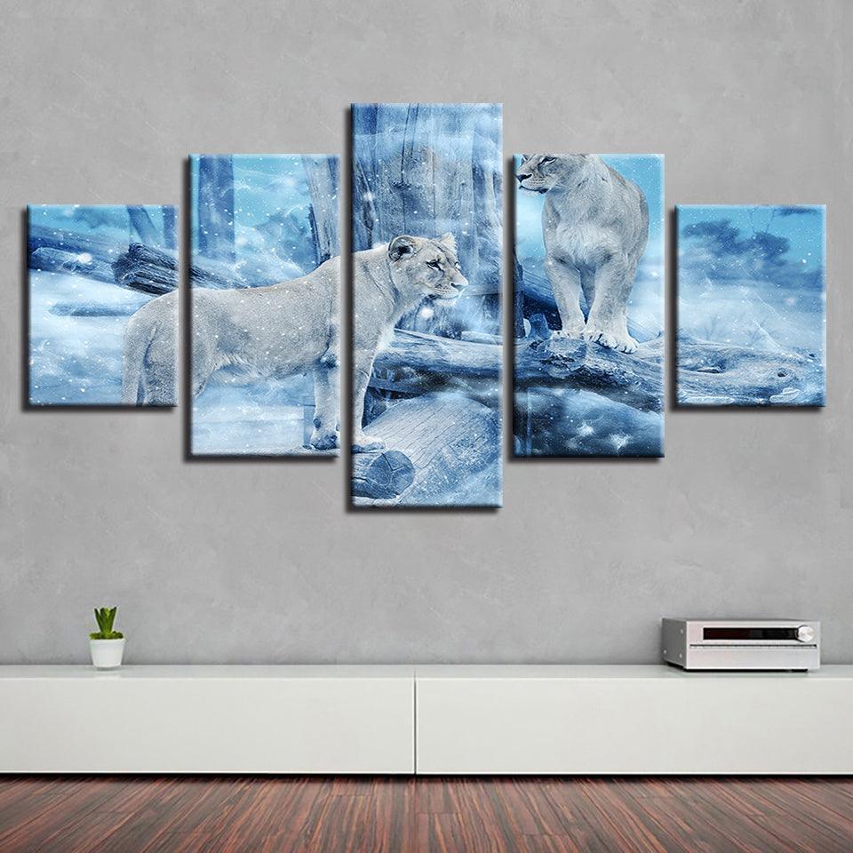 Lioness in Winter 5 Piece HD Multi Panel Canvas Wall Art Frame-Original Frame