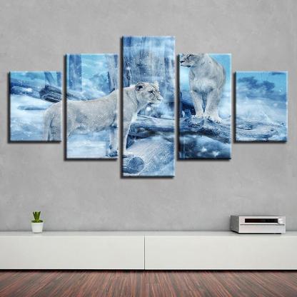 Lioness in Winter 5 Piece HD Multi Panel Canvas Wall Art Frame-Original Frame