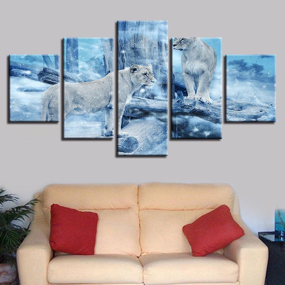 Lioness in Winter 5 Piece HD Multi Panel Canvas Wall Art Frame-Original Frame