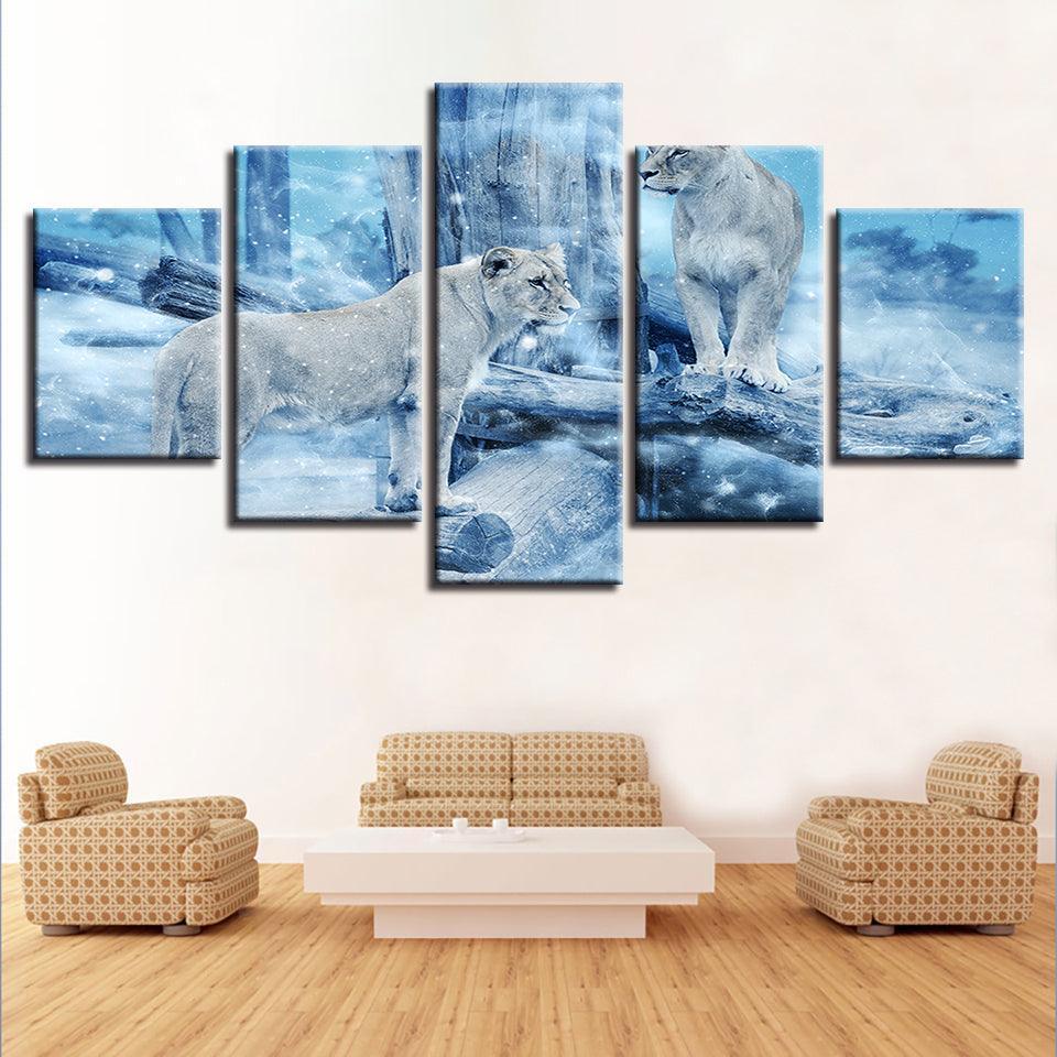 Lioness in Winter 5 Piece HD Multi Panel Canvas Wall Art Frame-Original Frame