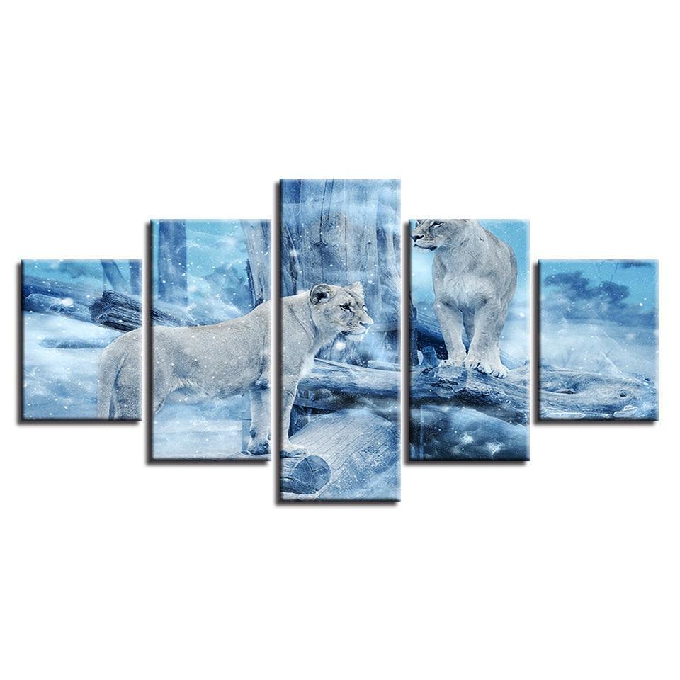Lioness in Winter 5 Piece HD Multi Panel Canvas Wall Art Frame-Original Frame