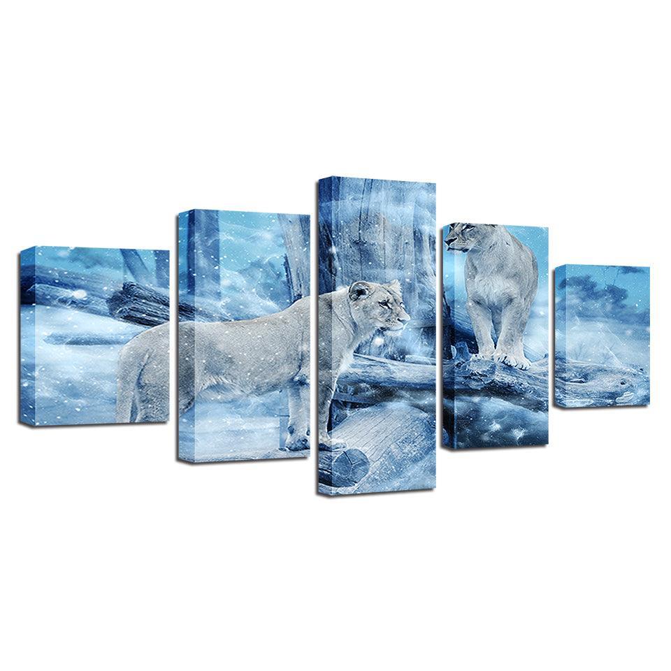 Lioness in Winter 5 Piece HD Multi Panel Canvas Wall Art Frame-Original Frame