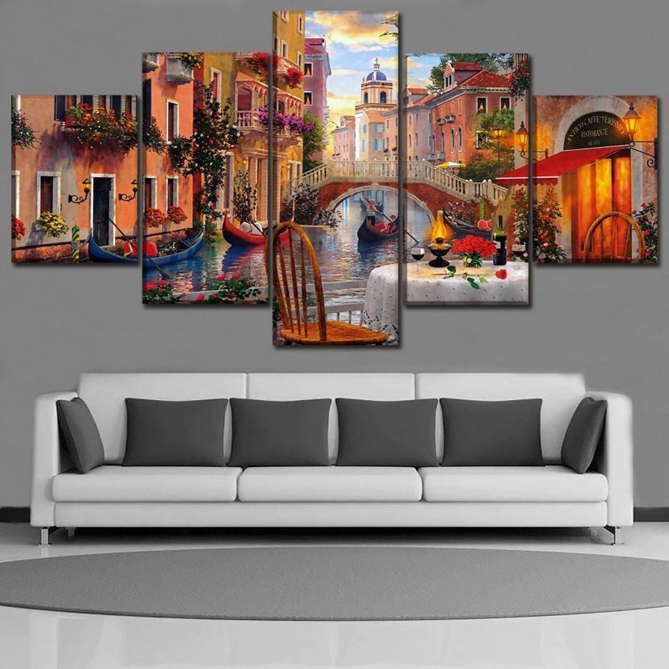 Venice Restaurant 5 Piece HD Multi Panel Canvas Wall Art Frame-Original Frame