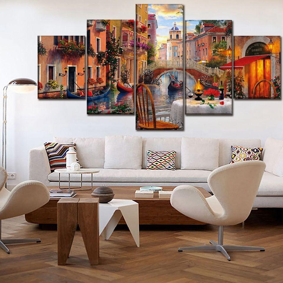 Venice Restaurant 5 Piece HD Multi Panel Canvas Wall Art Frame-Original Frame