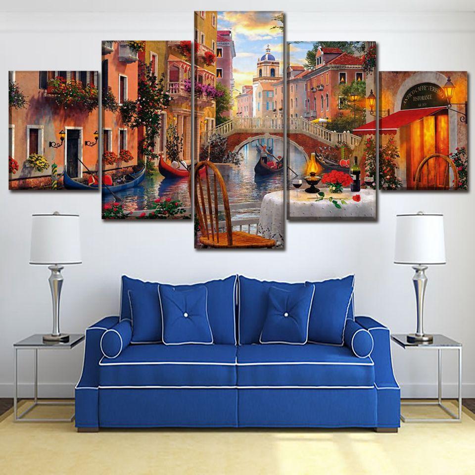 Venice Restaurant 5 Piece HD Multi Panel Canvas Wall Art Frame-Original Frame