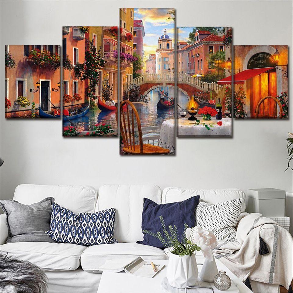 Venice Restaurant 5 Piece HD Multi Panel Canvas Wall Art Frame-Original Frame