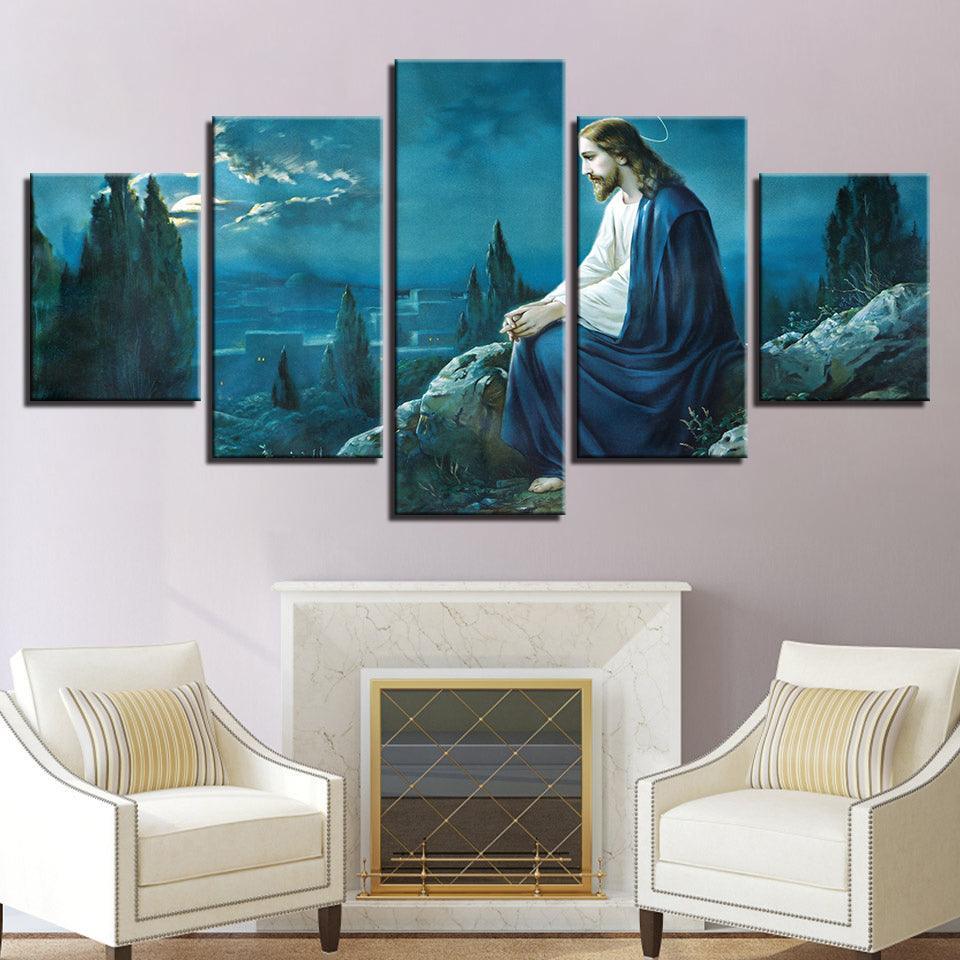 Jesus On The Mountains 5 Piece HD Multi Panel Canvas Wall Art Frame-Original Frame