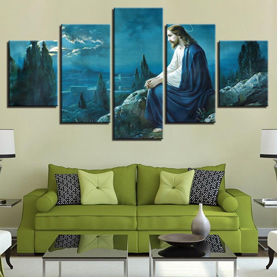 Jesus On The Mountains 5 Piece HD Multi Panel Canvas Wall Art Frame-Original Frame