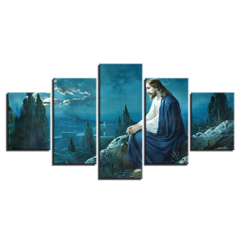 Jesus On The Mountains 5 Piece HD Multi Panel Canvas Wall Art Frame-Original Frame