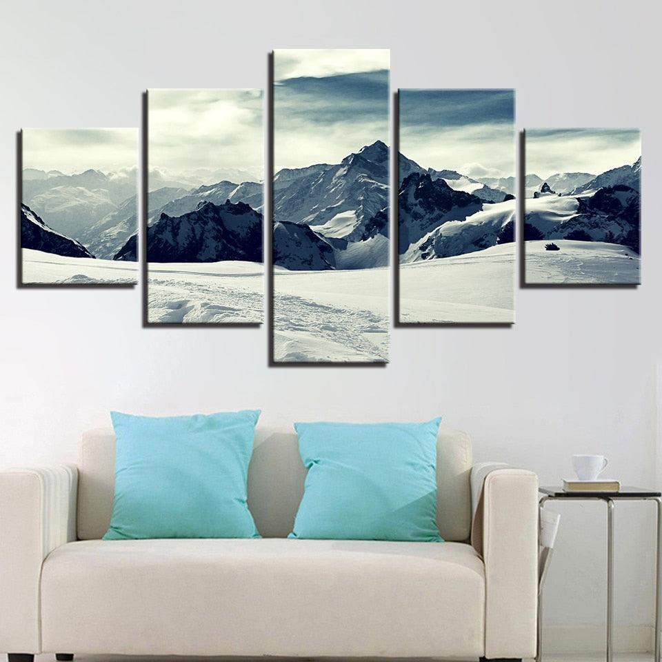 Snow Capped Mountains 5 Piece HD Multi Panel Canvas Wall Art Frame-Original Frame